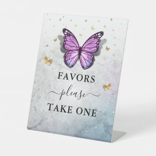 Favours Please Take One Gold and Purple Butterfly Pedestal Sign