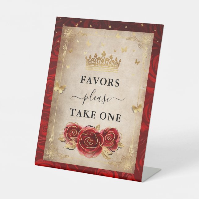 Favours Please Take One Red Roses Gold Crown Pedestal Sign (Front)