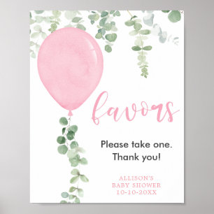Favours sign pink balloons greenery baby shower