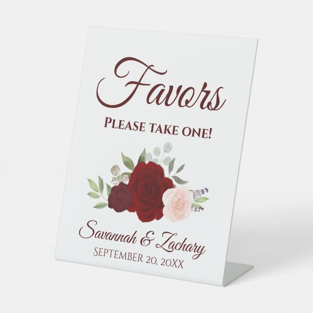 Favours Take One Burgundy Red & Pink Roses Wedding Pedestal Sign (Front)