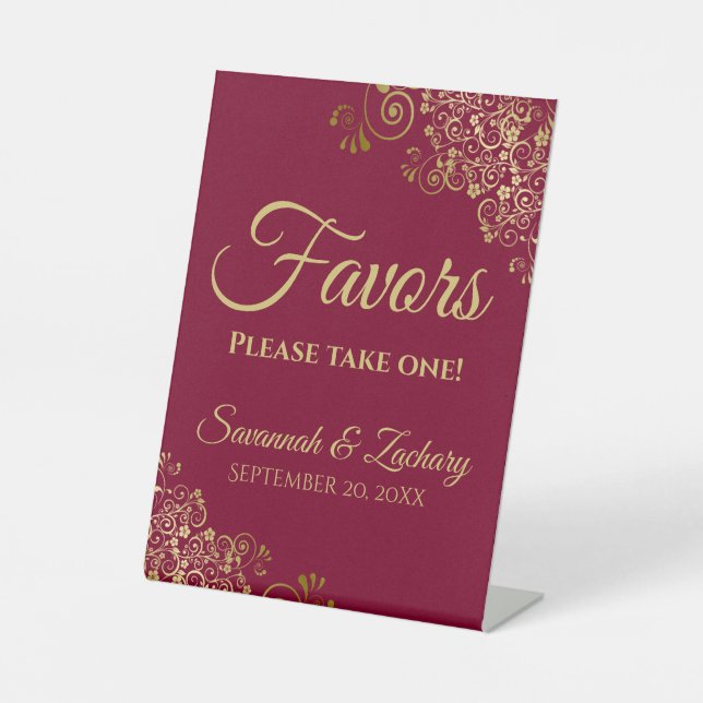 Favours Take One Elegant Burgundy & Gold Wedding Pedestal Sign (Front)