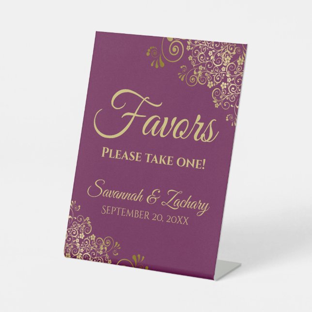 Favours Take One Elegant Magenta & Gold Wedding Pedestal Sign (Front)