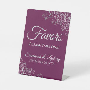 Favours Take One Elegant Magenta & Silver Wedding Pedestal Sign