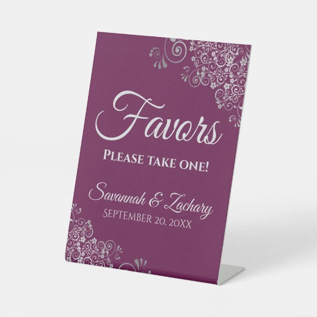 Favours Take One Elegant Magenta & Silver Wedding Pedestal Sign (Front)