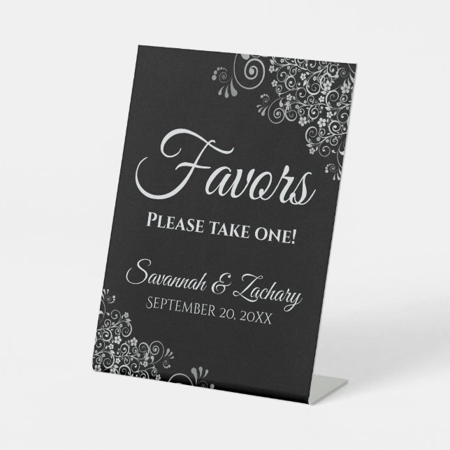 Favours Take One elegant Silver & Black Wedding Pedestal Sign (Front)