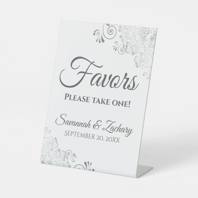 Favours Take One Elegant Silver & White Wedding Pedestal Sign (Front)