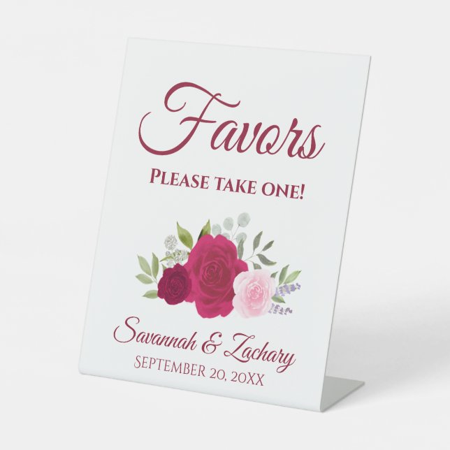 Favours Take One Magenta & Pink Boho Roses Wedding Pedestal Sign (Front)