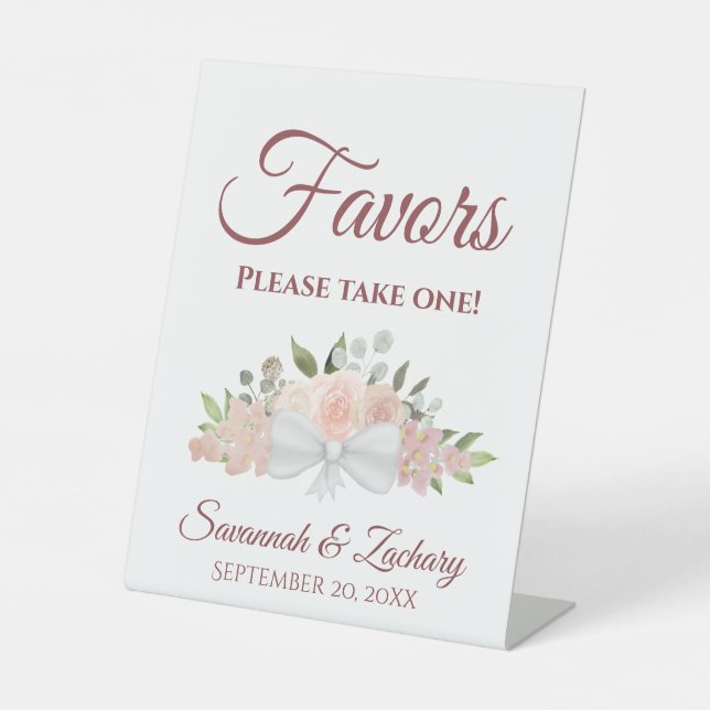 Favours Take One Rustic Pink Boho Roses Wedding Pedestal Sign (Front)