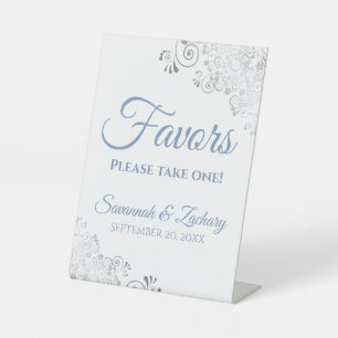 Favours Take One Silver Dusty Blue & White Wedding Pedestal Sign