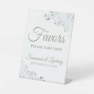 Favours Take One Silver Sage Green & White Wedding Pedestal Sign