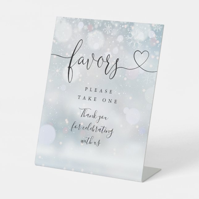 Favours Winter Snowflakes Heart Script Pedestal Sign (Front)