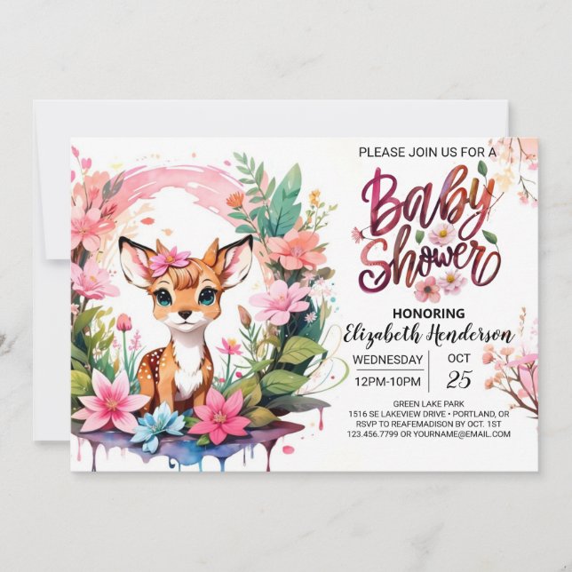 Fawn Adventure Pink Girl Baby Shower Invitation (Front)