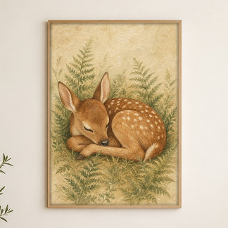 Fawn Among Ferns Watercolour Whimsical Art Poster