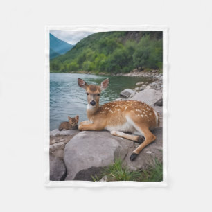 Fawn and Cat by River Cozy Fleece Blanket