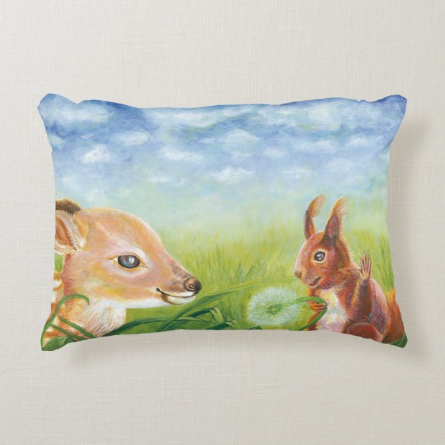 Fawn and Squirrel Spring Meadow Illustration Accent Pillow (Front)