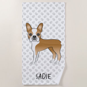 Fawn And White Boston Terrier Cartoon Dog & Name Beach Towel