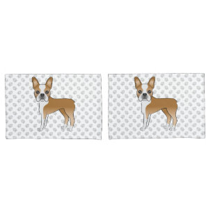 Fawn And White Boston Terrier Cartoon Dog & Paws Pillowcase