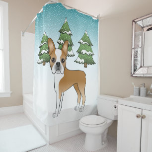 Fawn And White Boston Terrier In A Winter Forest