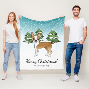 Fawn And White Boston Terrier In A Winter Forest Fleece Blanket