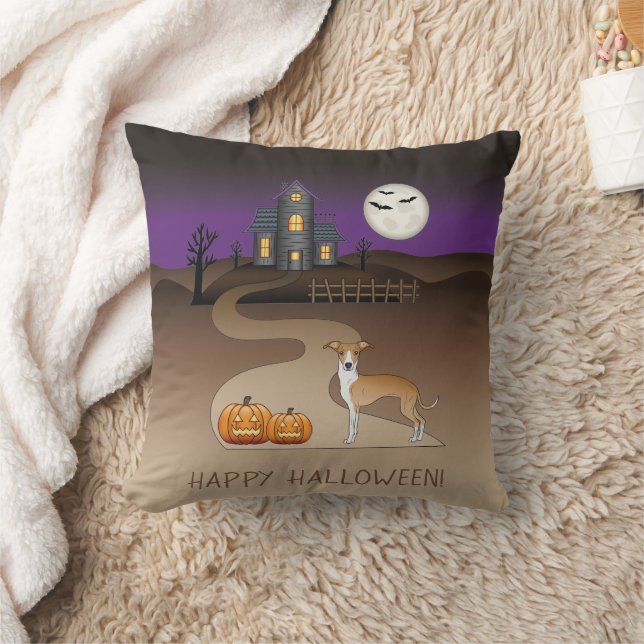 Fawn And White Iggy And Halloween Haunted House Throw Pillow (Blanket)