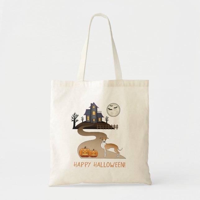 Fawn And White Iggy And Halloween Haunted House Tote Bag (Front)