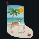 Fawn And White Iggy Dog At A Tropical Summer Beach Small Christmas Stocking<br><div class="desc">Destei's original cartoon illustration of a cute fawn and white colour Italian Greyhound / Iggy breed dog standing in a tropical summer beach scene. On the beige colour sand there is a palm tree, a pink seashell together with a starfish and a red crab. The water is turquoise blue with...</div>