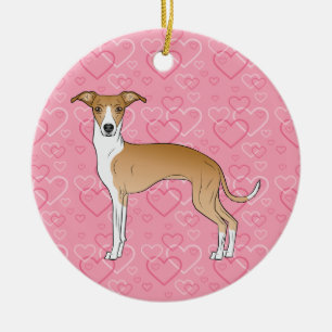 Fawn And White Iggy Dog - Pink Hearts Pet Memorial Ceramic Ornament