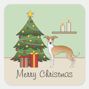 Fawn And White Italian Greyhound & Christmas Tree Square Sticker