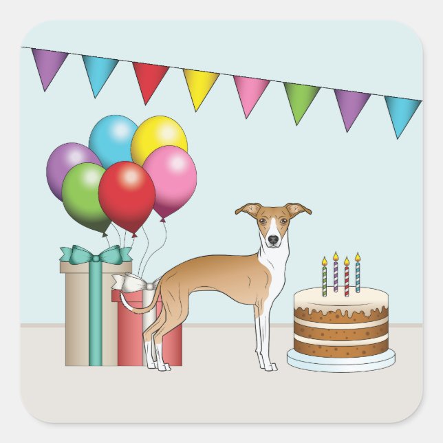 Fawn And White Italian Greyhound Colorful Birthday Square Sticker (Front)