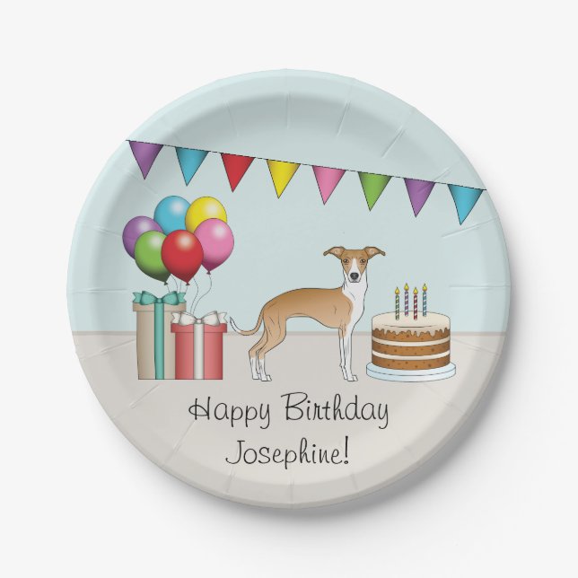 Fawn And White Italian Greyhound Colourful Birthda Paper Plate (Front)