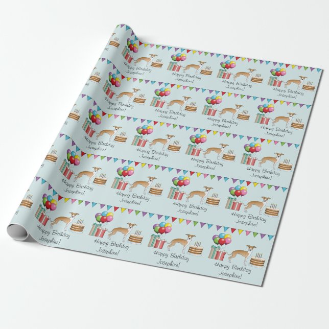 Fawn And White Italian Greyhound Colourful Birthda Wrapping Paper (Unrolled)