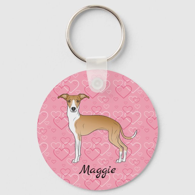 Fawn And White Italian Greyhound On Pink Hearts Keychain (Front)