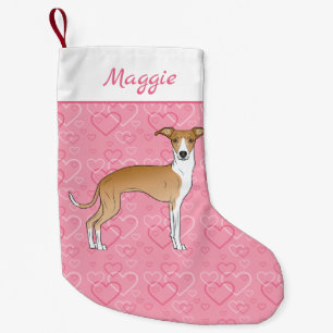 Fawn And White Italian Greyhound On Pink Hearts Small Christmas Stocking