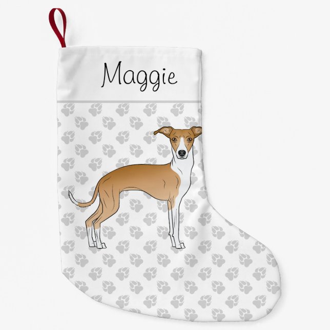 Fawn And White Italian Greyhound With Custom Name Small Christmas Stocking (Front)