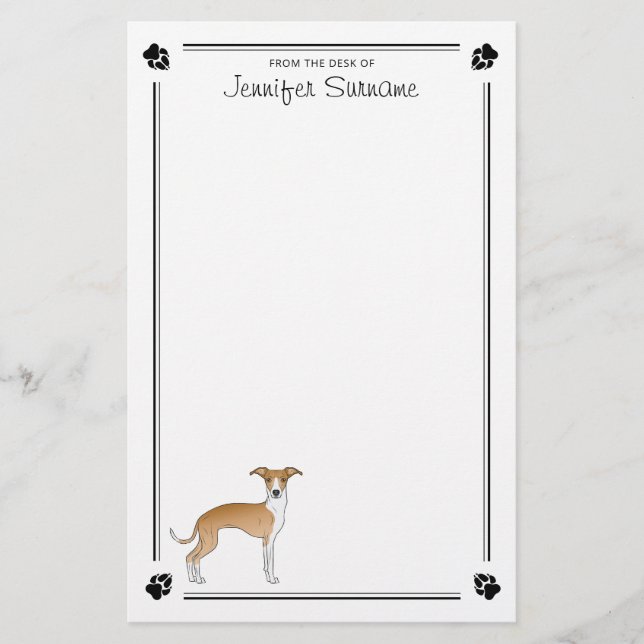 Fawn And White Italian Greyhound With Paws & Text Stationery (Front)