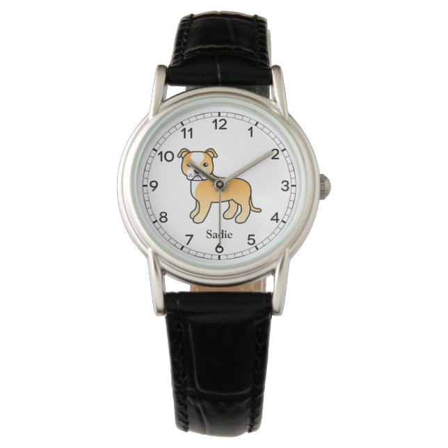 Fawn And White Staffie Cute Cartoon Dog & Name Watch (Front)