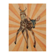 FAWN & ANTLER OWL Wooden Canvas