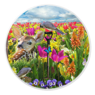 Fawn Birds Field of Flowers Ceramic Knob