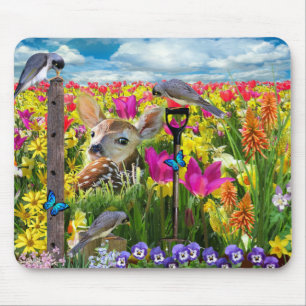 Fawn Birds Field of Flowers Mouse Pad