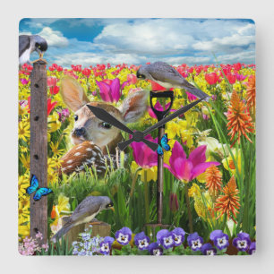 Fawn Birds Field of Flowers Square Wall Clock