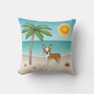 Fawn Boston Terrier At A Tropical Summer Beach Throw Pillow