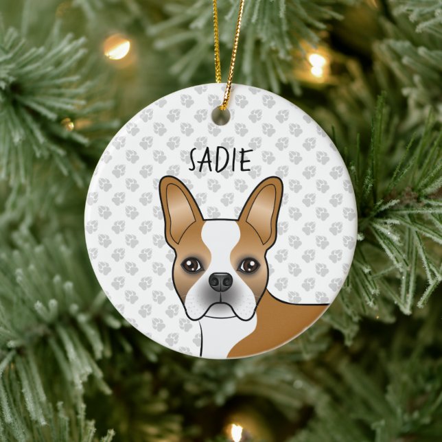 Fawn Boston Terrier Cartoon Dog & Custom Name Ceramic Ornament (Tree)