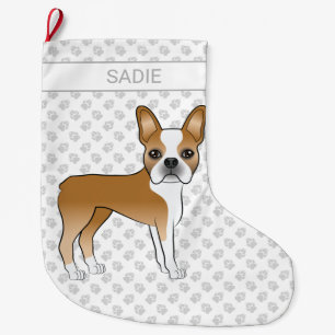 Fawn Boston Terrier Cartoon Dog & Custom Name Large Christmas Stocking