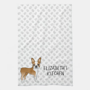 Fawn Boston Terrier Cartoon Dog & Custom Text Kitchen Towel