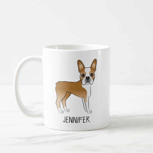 Fawn Boston Terrier Cute Cartoon Dog & Custom Name Coffee Mug (Left)