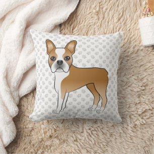 Fawn Boston Terrier Cute Cartoon Dog & Grey Paws Throw Pillow