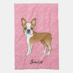 Fawn Boston Terrier Dog On Pink Hearts And Name Kitchen Towel