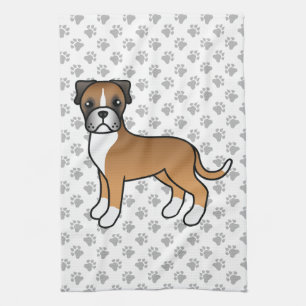 Fawn Boxer Cute Cartoon Dog & Paws Kitchen Towel