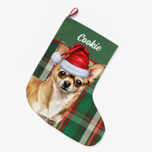 Fawn Chihuahua Dog Holiday Plaid Personalized Large Christmas Stocking