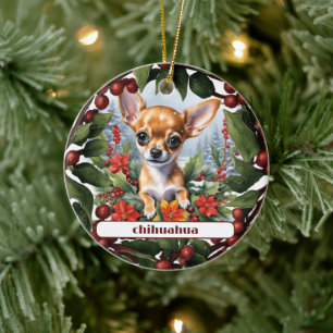 Fawn Chihuahua Puppy Holiday Joy Custom Christmas  Ceramic Ornament